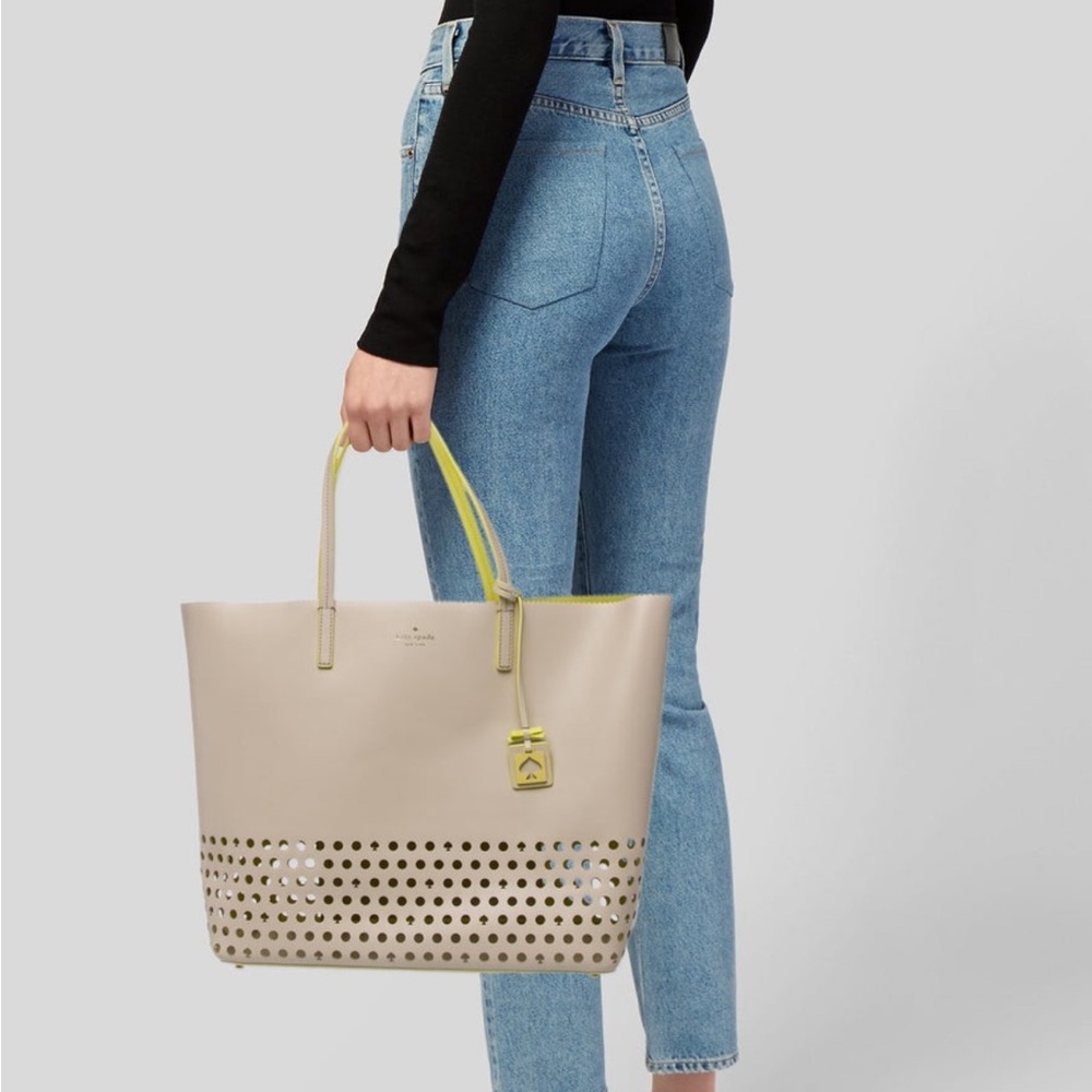NWOT Kate Spade Large Cream & Neon Yellow Perforated Leather Tote +cloth dustbag - Picture 4 of 9